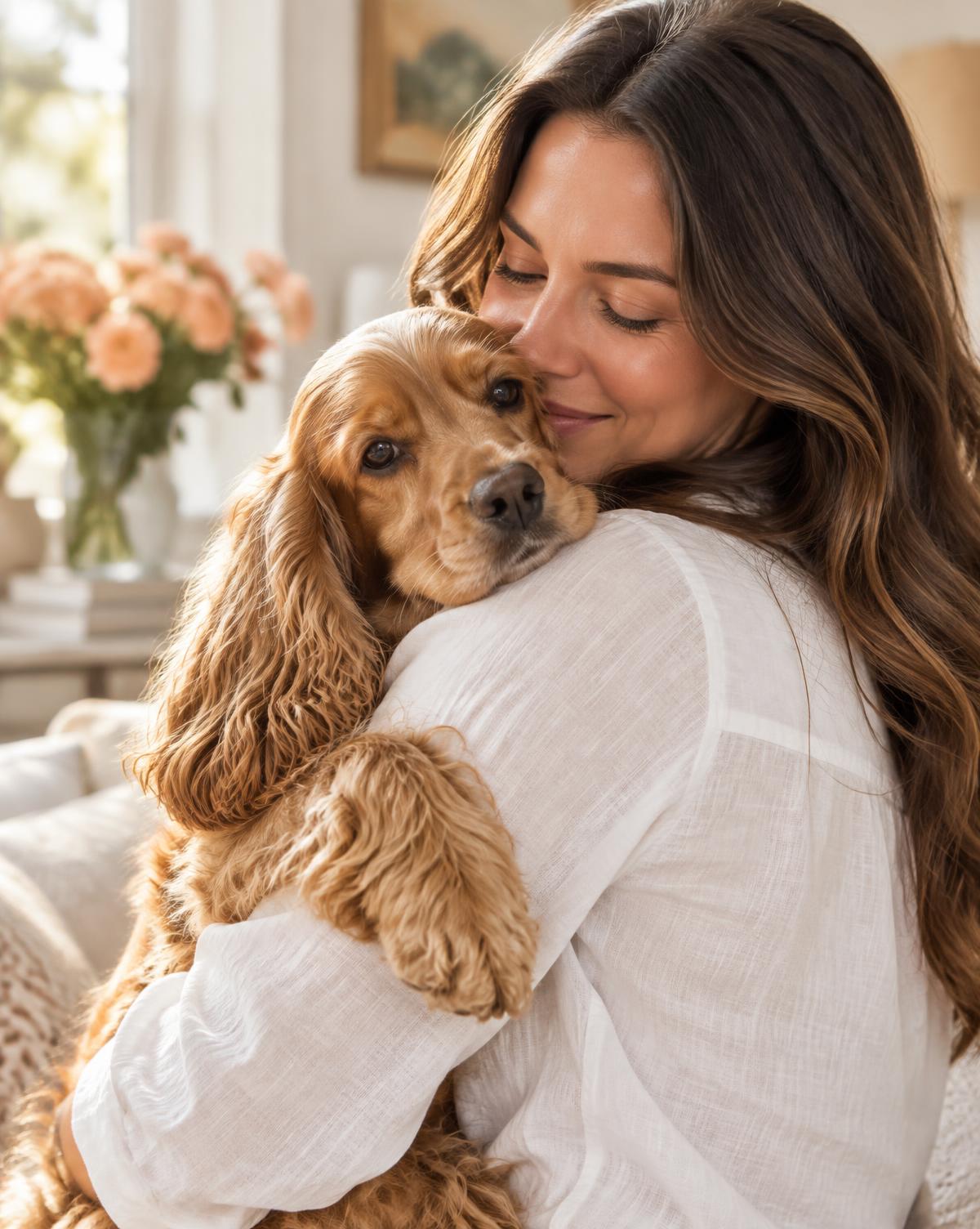 Pet parent cuddling a cocker spaniel