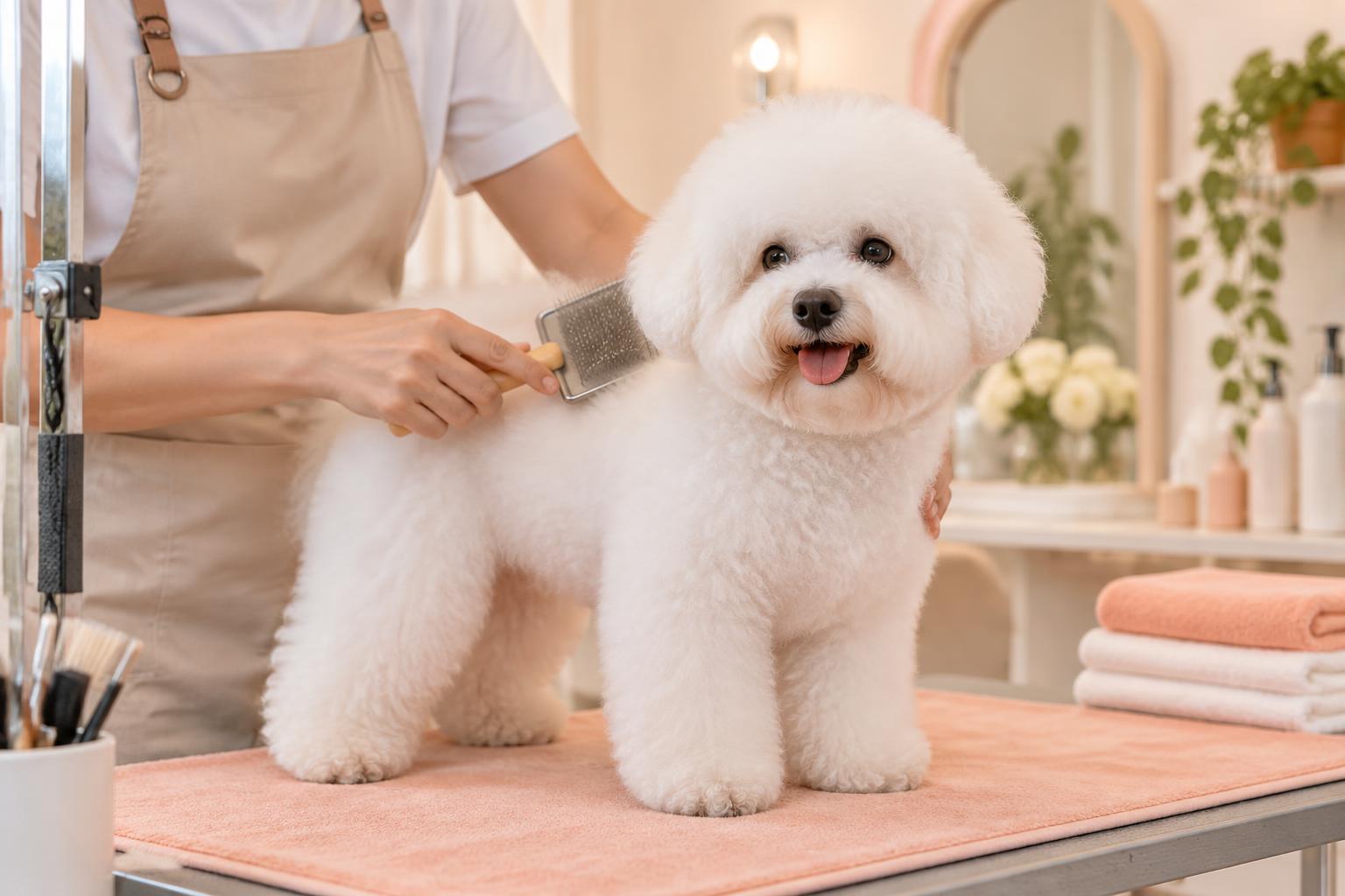 Professional groomer gently brushing a white dog